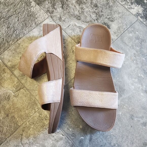 Fitflop Shimmy Rose Gold Suede Leather Shimmering 2 Strap Slide Sandals 6 - Picture 2 of 8